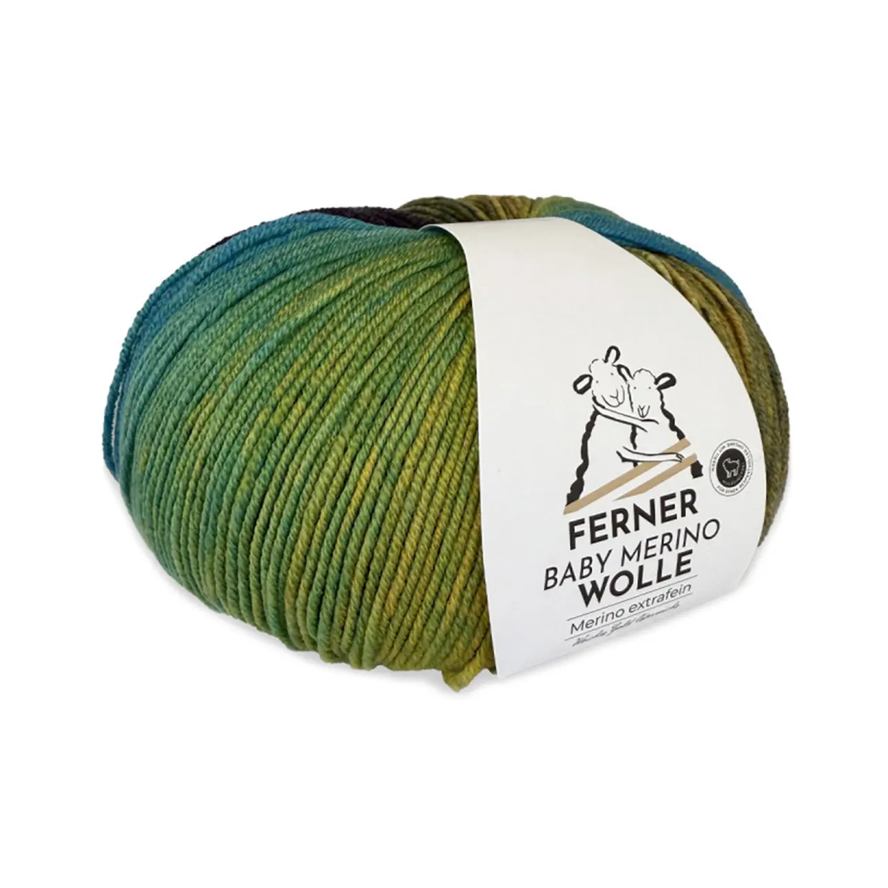 Baby Merino BM10 Türkis-Gelb-Violett von Ferner Wolle. Eine exquisit weiche Wolle von Merinoschafen in Österreich hergestellt.