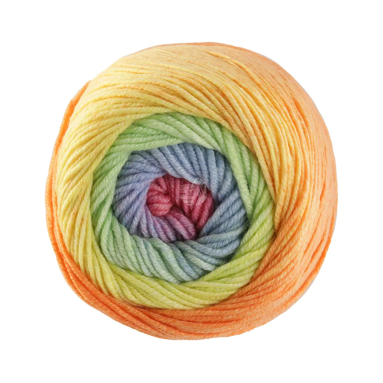 Cool Wool Big Color 4036 Graugrün/Grüngelb/Orange/Flieder/Hellgrau von Lana Grossa. Extrafeine Merinowolle waschmaschinenfest und filzfrei