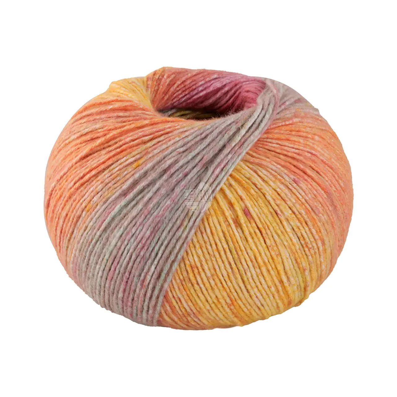 Gomitolo Mambo 2033 Grün-/Hellgelb/Orange/Pink/Pastelltürkis/Mandarin/Mint von Lana Grossa. Flauschig weiches Baumwollgarn mit interessantem Streifen-Farbverlauf direkt aus dem Knäuel