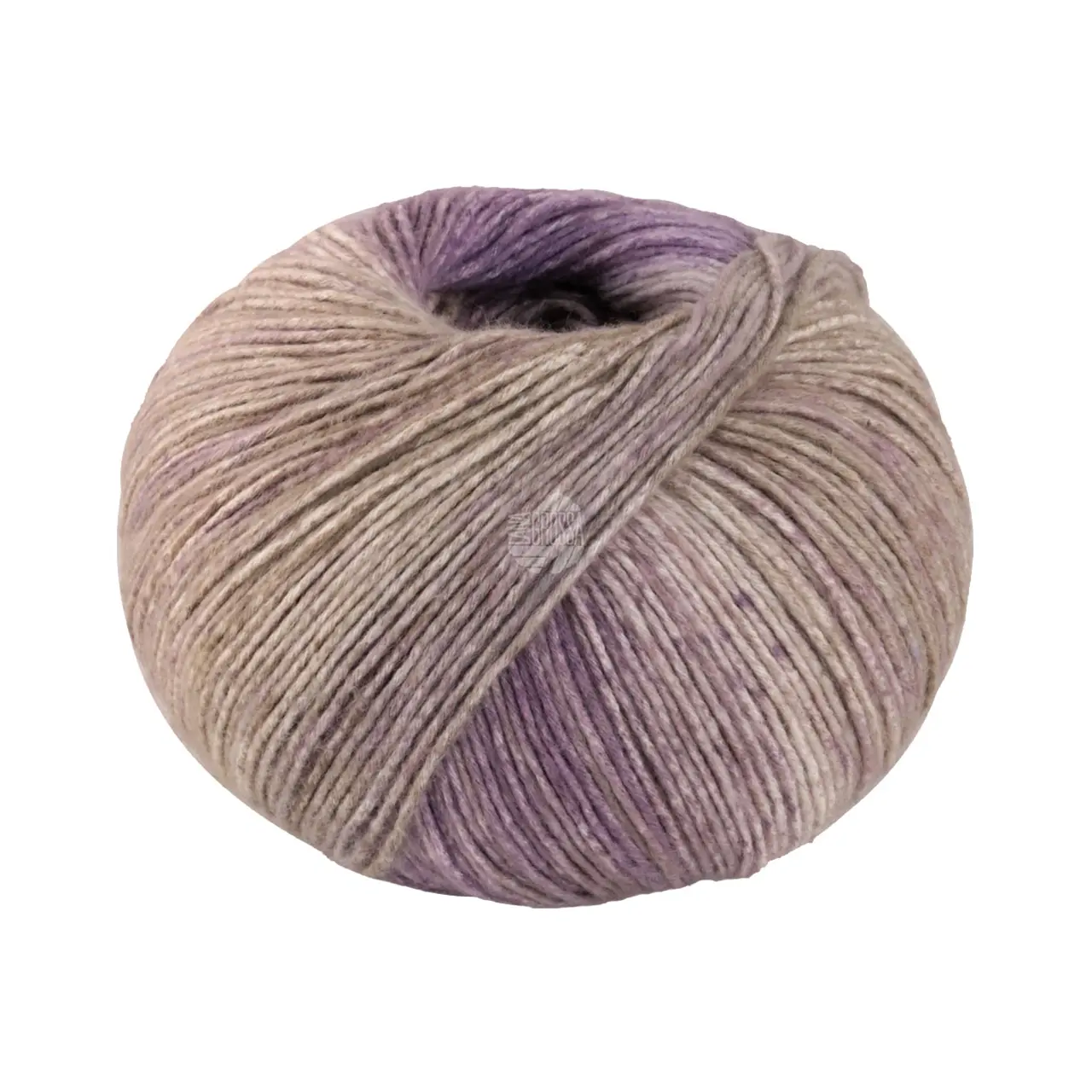 Gomitolo Mambo 2034 Lila/Graubeige/Rohweiß/Taupe/Vanille/Sandbeige von Lana Grossa. Flauschig weiches Baumwollgarn mit interessantem Streifen-Farbverlauf direkt aus dem Knäuel