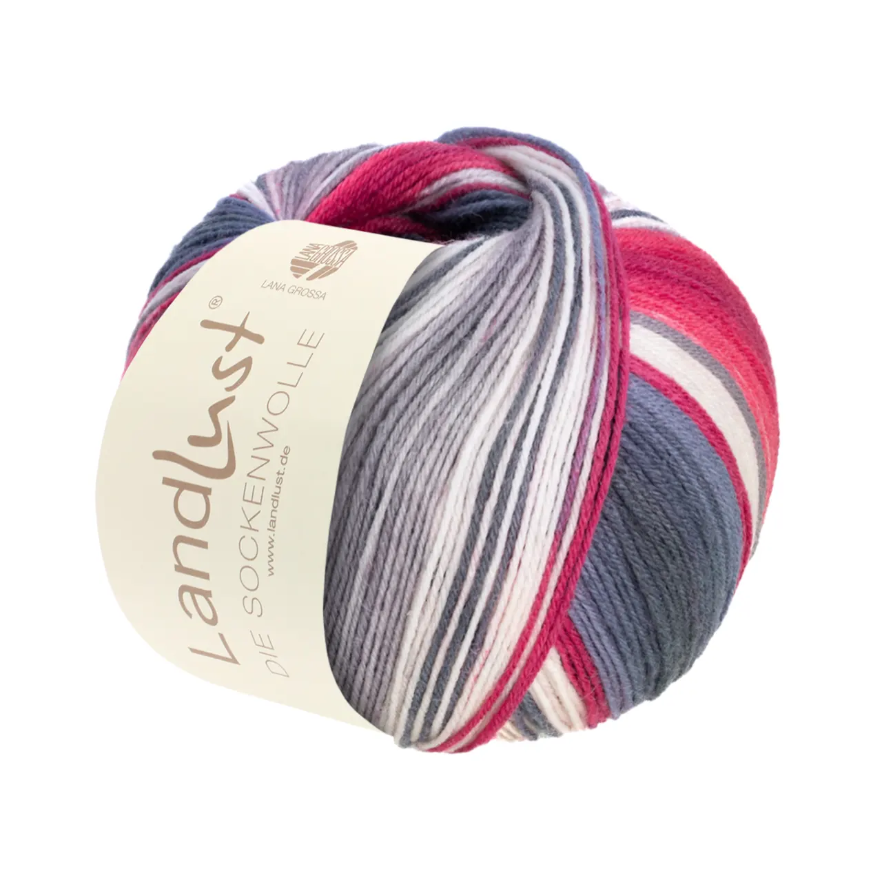 Landlust die Sockenwolle 119 Silber-/Mittel-/Dunkelgrau/Orient-/Tomatenrot/Ecru Gestreift von Lana Grossa. Sockengarn aus Merinowolle in verschiedenen Mustern und jeweils unterschiedlichen Farben