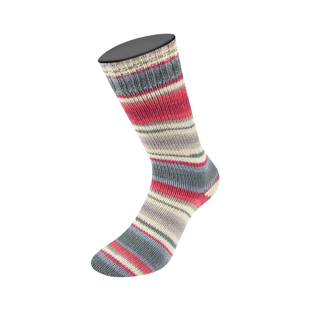 Landlust die Sockenwolle 119 Silber-/Mittel-/Dunkelgrau/Orient-/Tomatenrot/Ecru Gestreift von Lana Grossa. Sockengarn aus Merinowolle in verschiedenen Mustern und jeweils unterschiedlichen Farben