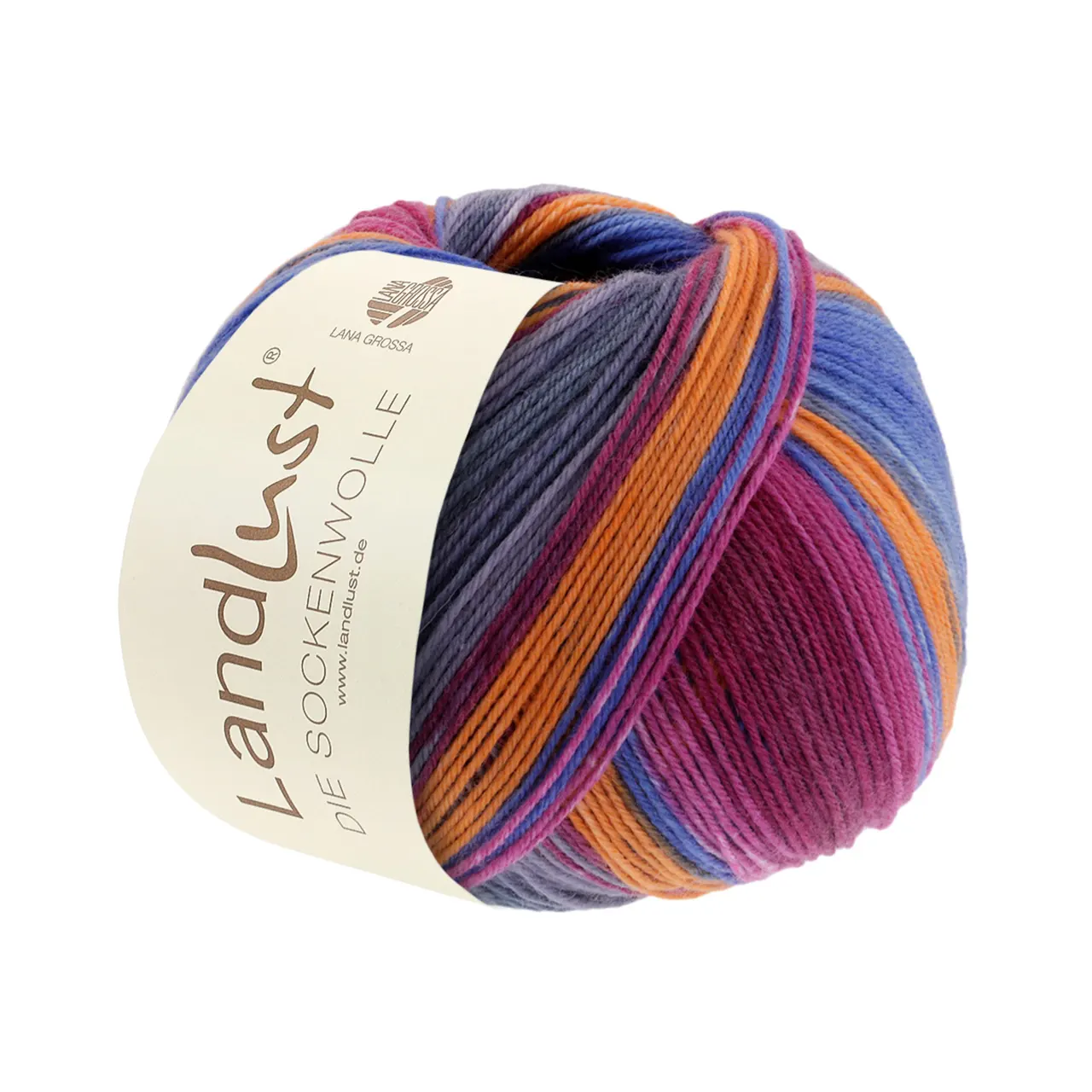 Landlust die Sockenwolle 128 Fuchsia/Weinrot/Petrol/Orange/Grau/Graugrün/Graublau Gestreift von Lana Grossa. Sockengarn aus Merinowolle in verschiedenen Mustern und jeweils unterschiedlichen Farben