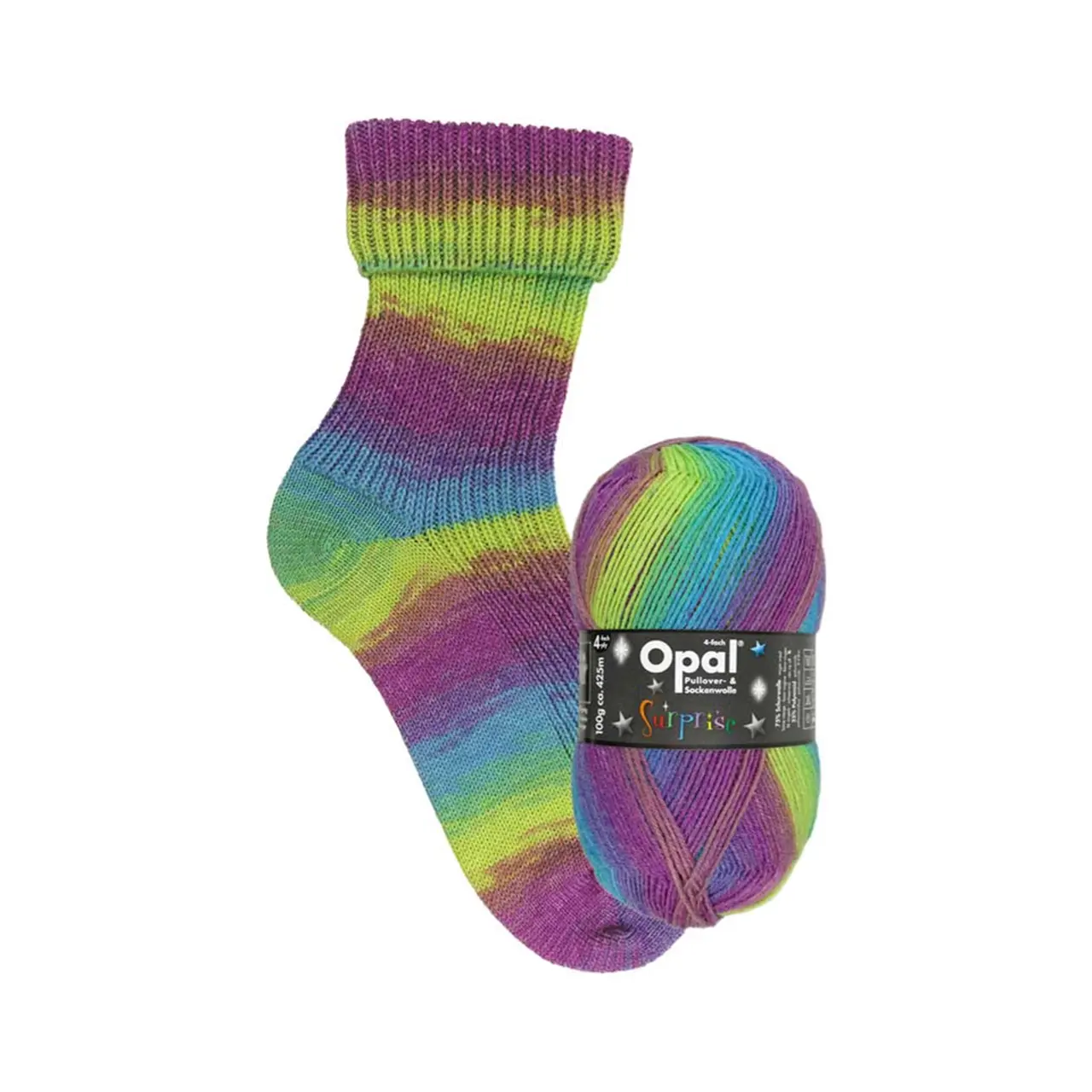 Opal Surprise 4-Fach 4065 Dark Rainbow von Opal. Farbenfrohe Überraschung für einzigartige Strickprojekte wie Socken Tücher Mützen oder Pullover.