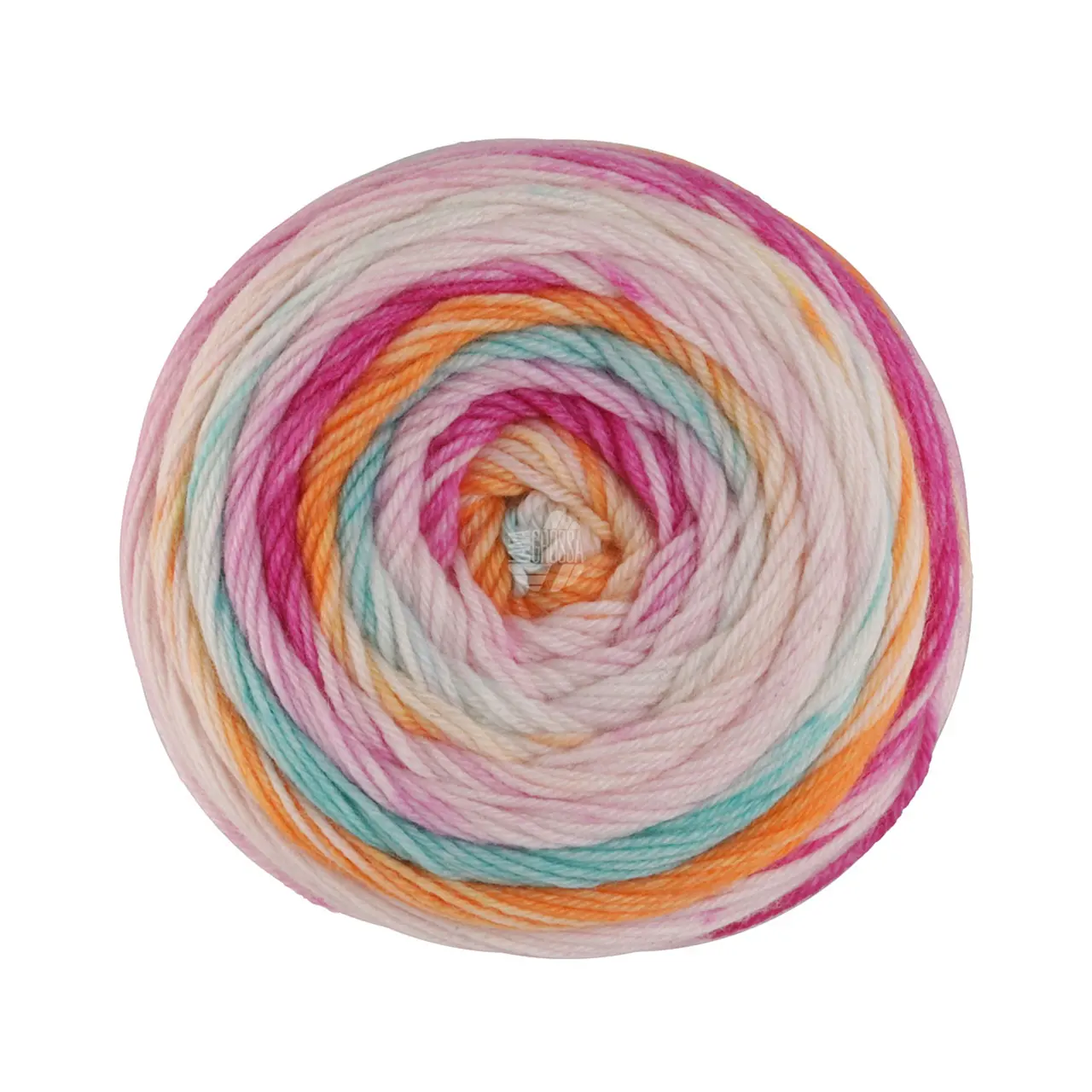 Meilenweit 100 Dusk 6209 Fuchsia/Pink/Creme/Zitrusgelb/Türkis/Orange von Lana Grossa. Extrafeines Merinogarn im klassischen hand-dyed Verfahren. Die abgebildeten Muster beziehen sich auf