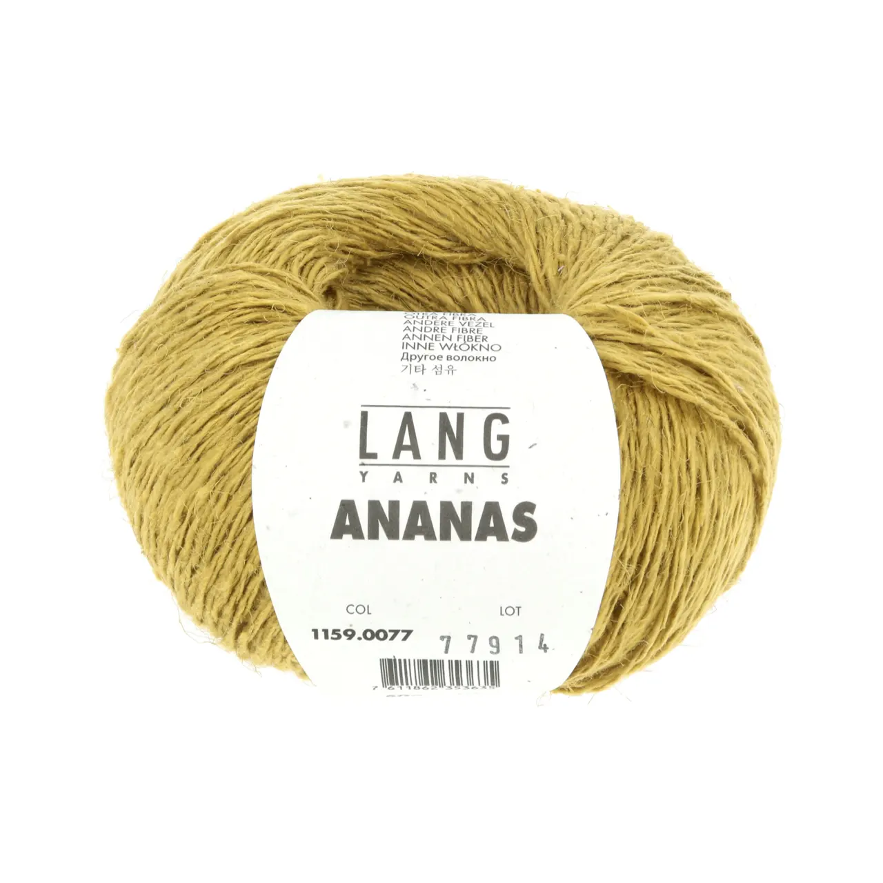 Ananas 77 Curry von Lang Yarns. Die Ananasfaser in diesem Garn wird aus den Blättern der Ananaspflanze gewonnen die normalerweise als Abfall gelten und oft verbrannt werden. Die verwendeten Fasern werden durch eine nachhaltige Methode ohne Bleichmittel verarbeitet. Stattdessen werden Verunreinigungen mit einem enzymatischen Waschverfahren entfernt das keine schädlichen Chemikalien verwendet und der restliche Prozess ist vollständig mechanisch um die Umweltbelastung zu