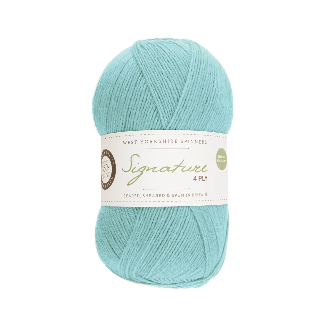 Signature 4-Fach 309 Spearmint von West Yorkshire Spinners. Sehr weiches und strapazierfähiges Garn aus hochwertigen Materialien mit außergewöhnlicher Vielseitigkeit ideal für Socken Schals und Tücher mit schönem Fall. Erhältlich in vielen kräftigen bis natürlichen Unifarben aber auch als selbststreifende Variante inspiriert von leuchtenden Cocktailfarben. Mehrfach als „Bestes Sockengarn“ ausgezeichnet.