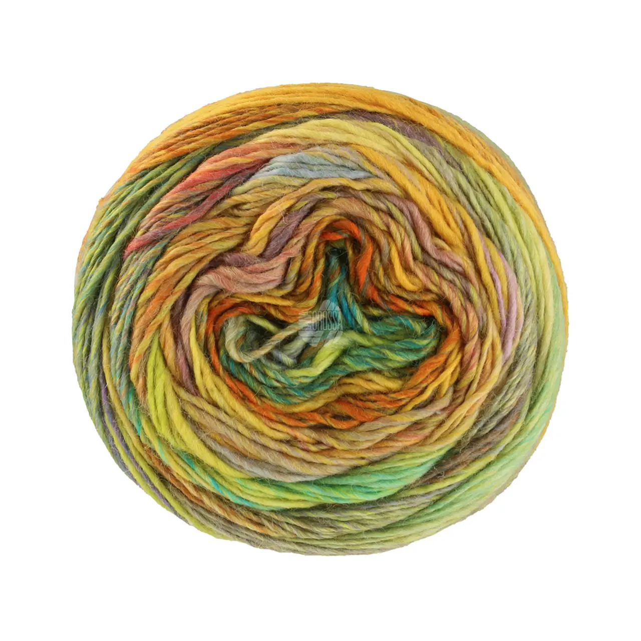 Colorissimo 213 Hellgelb/Limette/Orange/Graublau/Helloliv/Türkis von Lana Grossa. Dochtgarn aus 100% Merinowolle mit effektvollen Farbmustern