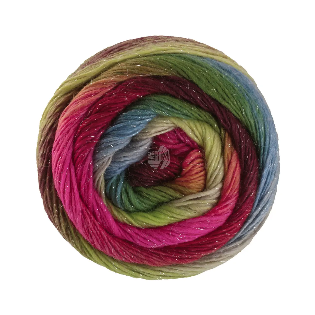 Meilenweit 100 Color Mix Sparks 7611 Brombeer/Rot/Hellrot/Pistazie/Petrol/Grün/Limette/Pastellgrün/Beige von Lana Grossa. Merino-Dochtgarn mit Farbverlauf und Glanzfaden für Socken und mehr waschmaschinenfest