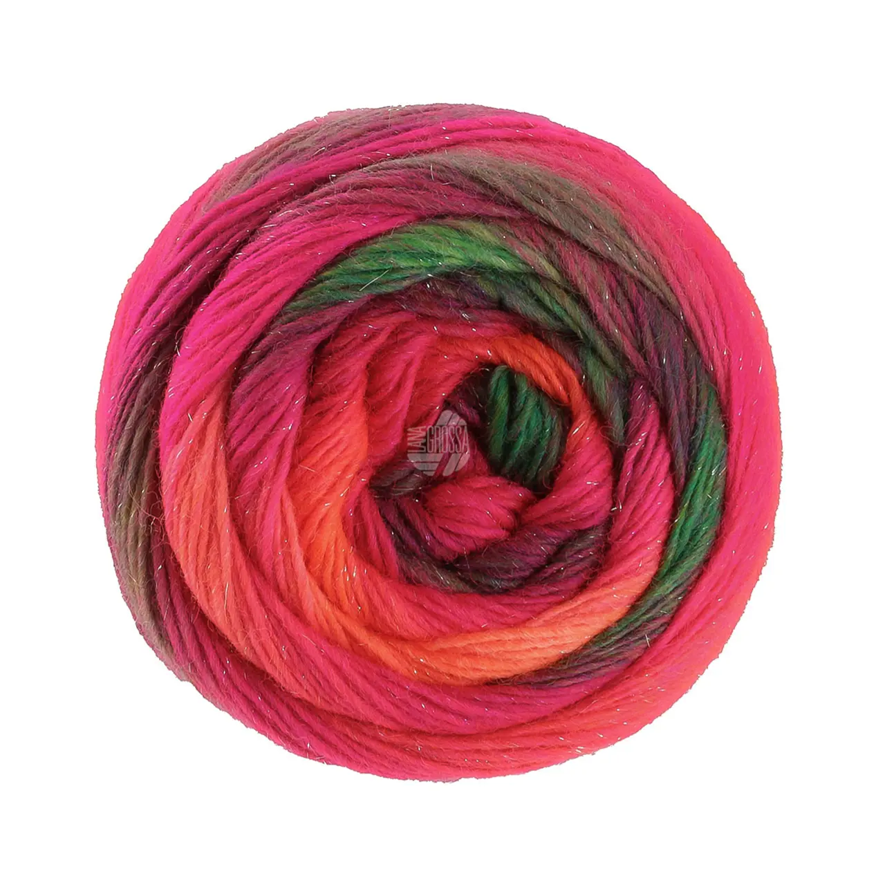 Meilenweit 100 Color Mix Sparks 7613 Graubraun/Dunkelrot/Rot/Koralle/Fuchsia von Lana Grossa. Merino-Dochtgarn mit Farbverlauf und Glanzfaden für Socken und mehr waschmaschinenfest