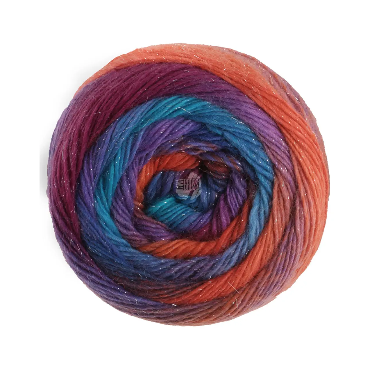 Meilenweit 100 Color Mix Sparks 7616 Lachsrot/Dunkelblau/Royal/Türkis/Rotviolett/Fuchsia von Lana Grossa. Merino-Dochtgarn mit Farbverlauf und Glanzfaden für Socken und mehr waschmaschinenfest