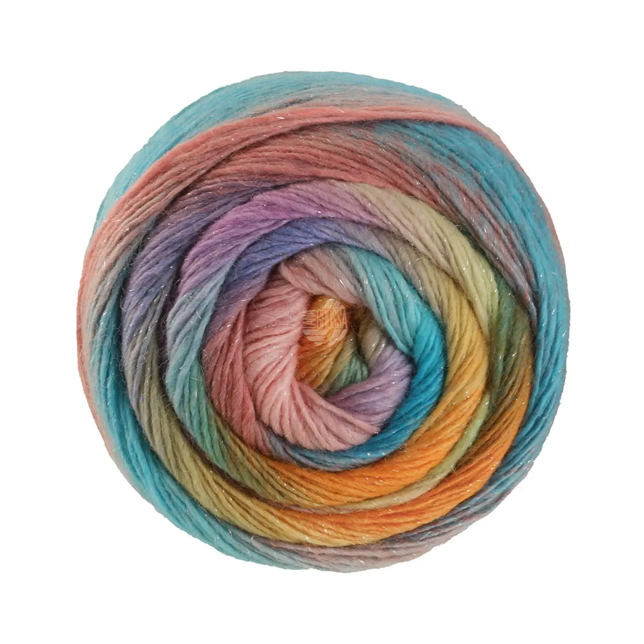 Meilenweit 100 Color Mix Sparks 7617 Oliv/Minttürkis/Graublau/Lavendel/Taupe/Pistazie/Jade/Türkis/Terrakotta/Gelb von Lana Grossa. Merino-Dochtgarn mit Farbverlauf und Glanzfaden für Socken und mehr waschmaschinenfest
