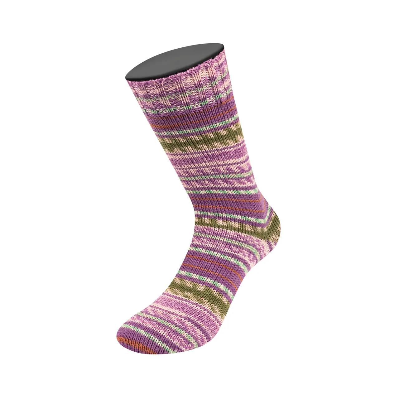 Landlust die Sockenwolle 611 Orchidee/Braun/Maigrün/Ecru/Rosé/Oliv Gestreift von Lana Grossa. Sockengarn aus Merinowolle in verschiedenen Mustern und jeweils unterschiedlichen Farben
