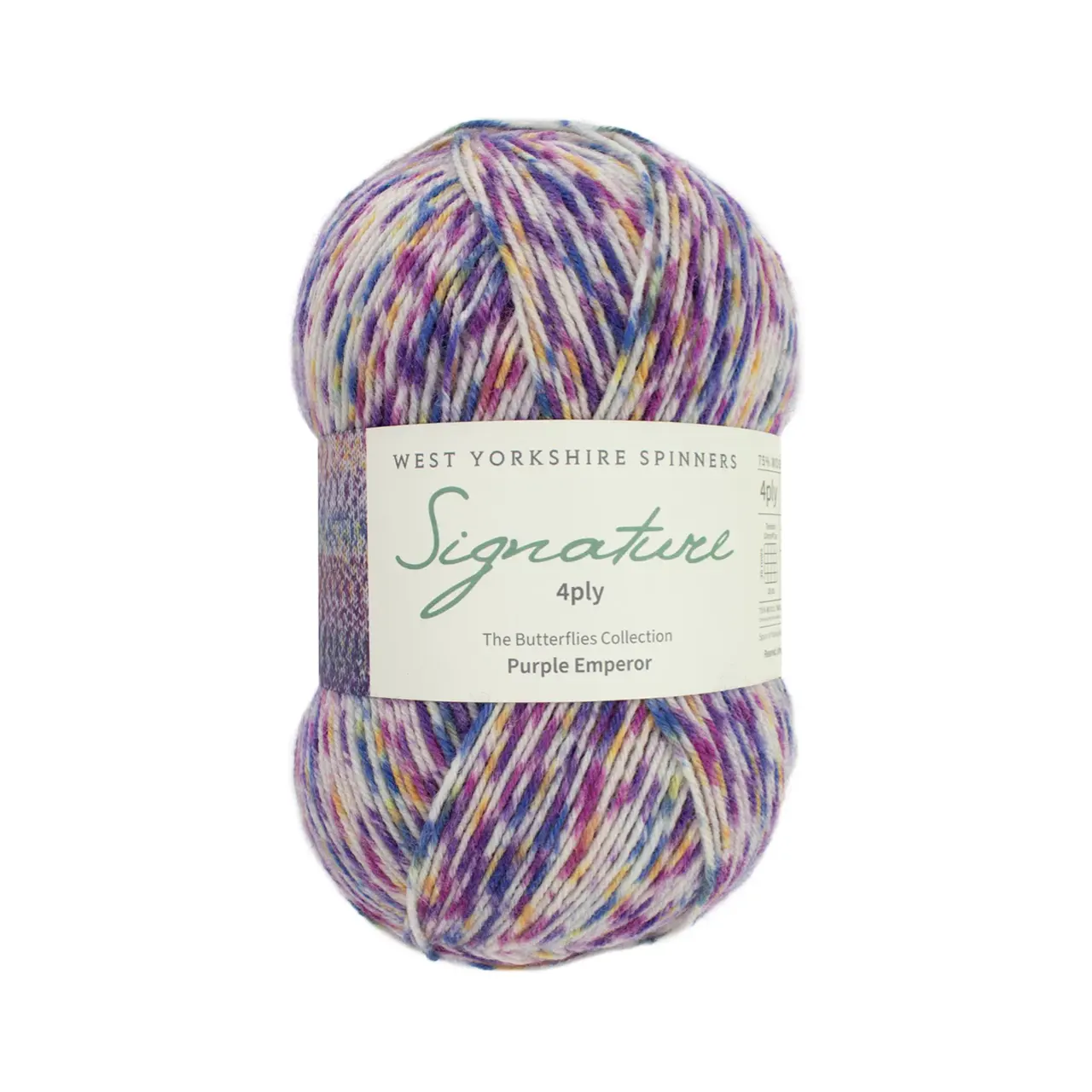 Signature 4-Fach Butterflies 1244 Purple Emperor von West Yorkshire Spinners. Sehr weiches und strapazierfähiges Garn aus hochwertigen Materialien mit außergewöhnlicher Vielseitigkeit ideal für Socken Schals und Tücher mit schönem Fall. Erhältlich in vielen kräftigen bis natürlichen Unifarben aber auch als selbststreifende „Colormix“ Variante. Mehrfach als „Bestes Sockengarn“ ausgezeichnet.