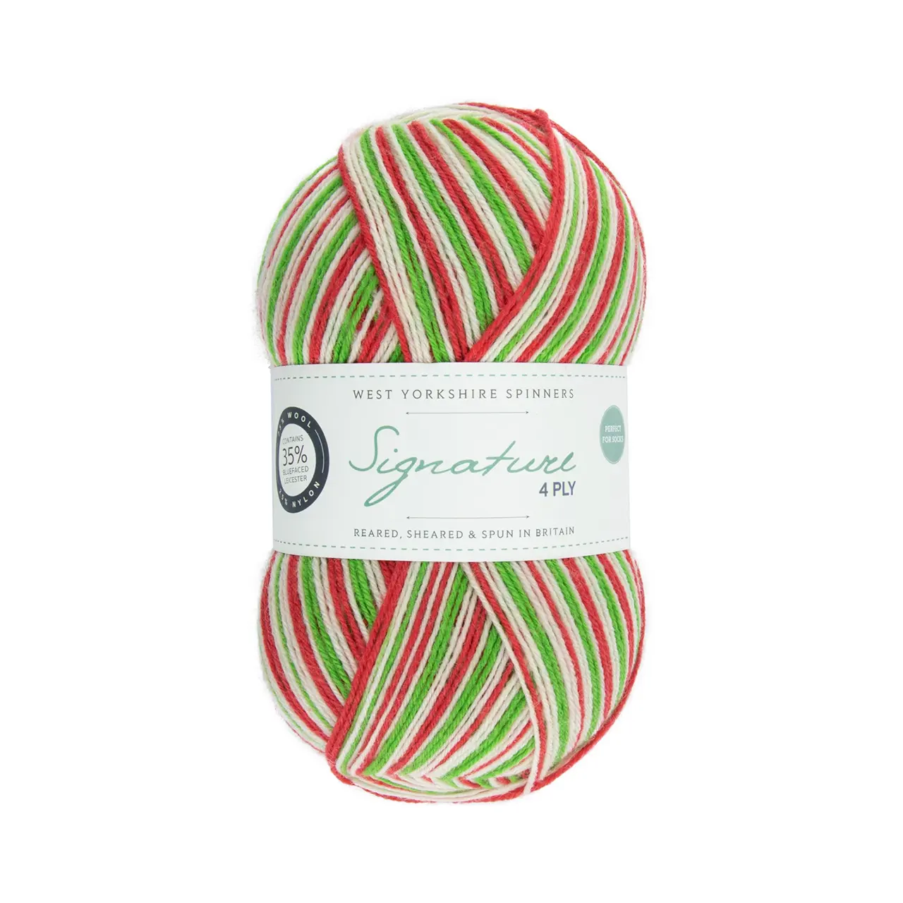 Signature 4-Fach Christmas 989 Candy Cane von West Yorkshire Spinners. Sehr weiches und strapazierfähiges Garn aus hochwertigen Materialien mit außergewöhnlicher Vielseitigkeit ideal für Socken Schals und Tücher mit schönem Fall. Erhältlich als selbststreifende Variante „Colormix“ inspiriert unter anderem von leuchtenden Cocktailfarben aber auch in vielen kräftigen bis natürlichen Unifarben. Mehrfach als „Bestes Sockengarn“ ausgezeichnet.