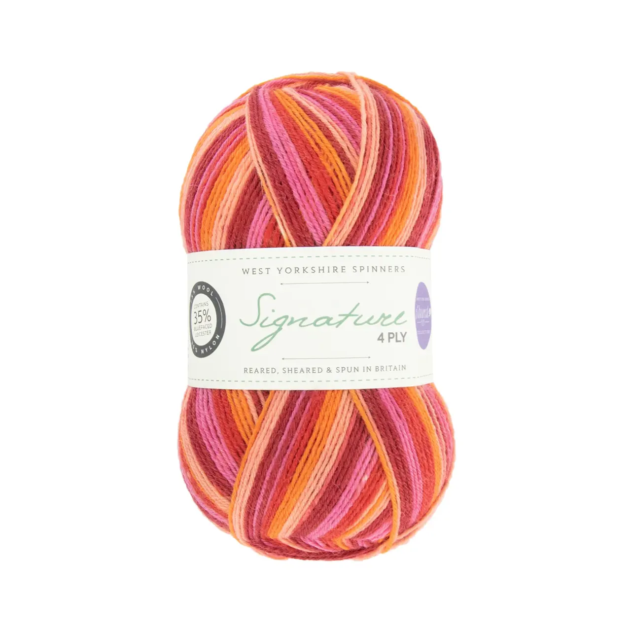 Signature 4-Fach Winwick Mum 881 Summer Sunset von West Yorkshire Spinners. Sehr weiches und strapazierfähiges Garn aus hochwertigen Materialien mit außergewöhnlicher Vielseitigkeit ideal für Socken Schals und Tücher mit schönem Fall. Erhältlich als selbststreifende Variante „Colormix“ inspiriert unter anderem von leuchtenden Cocktailfarben aber auch in vielen kräftigen bis natürlichen Unifarben. Mehrfach als „Bestes Sockengarn“ ausgezeichnet.