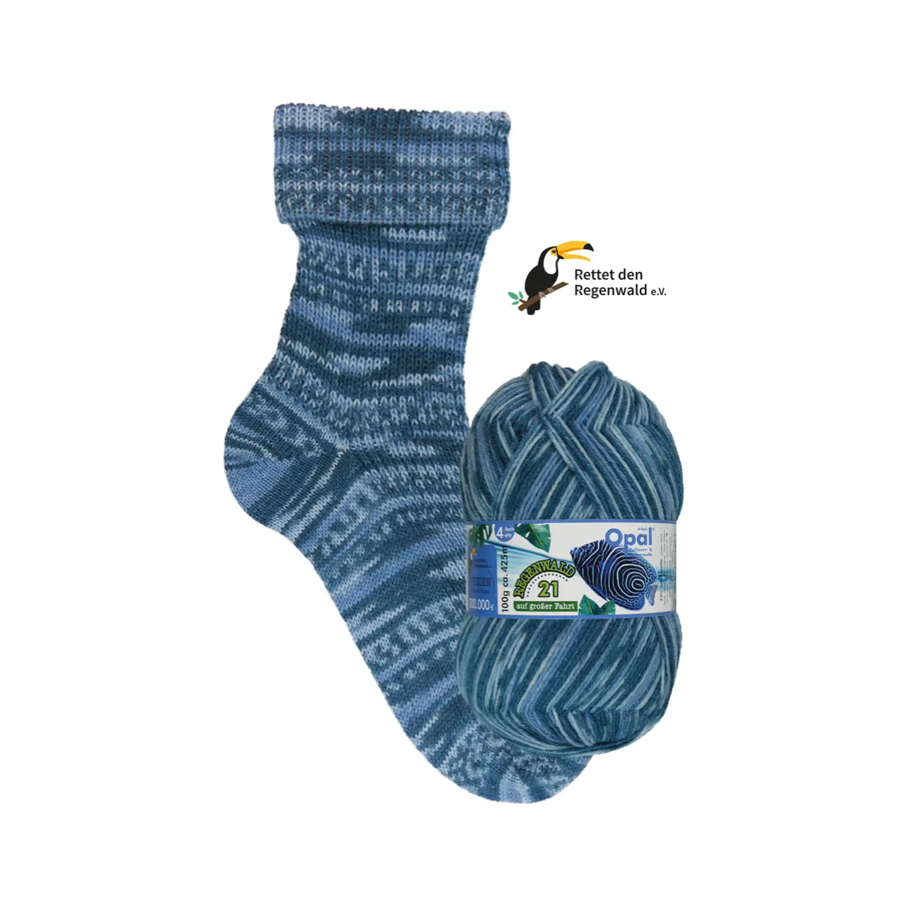 Opal Regenwald 21 - auf großer Fahrt 4-fach 11607 Die Rettungsringstrickerin von Opal. Diese hervorragende strapazierfähige Sockenwolle ist auch für herrlich bunte Accessoires und Oberbekleidung bestens geeignet