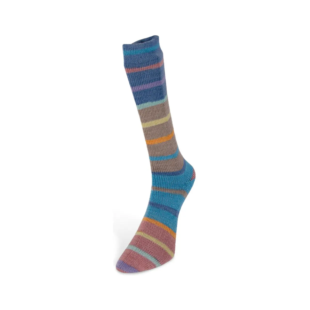 Indulgence Socks 4 Hellblau/Beige/Orange/Rosa/Dunkelblau von Laines Du Nord. Das Garn begeistert mit leuchtenden Farben und lebendigen Streifen die jedem Strickstück einen dynamischen und zugleich eleganten Look verleihen. Durch das anschmiegsame Material sehr gut auch für Stolas Tücher und noch viel mehr geeignet.