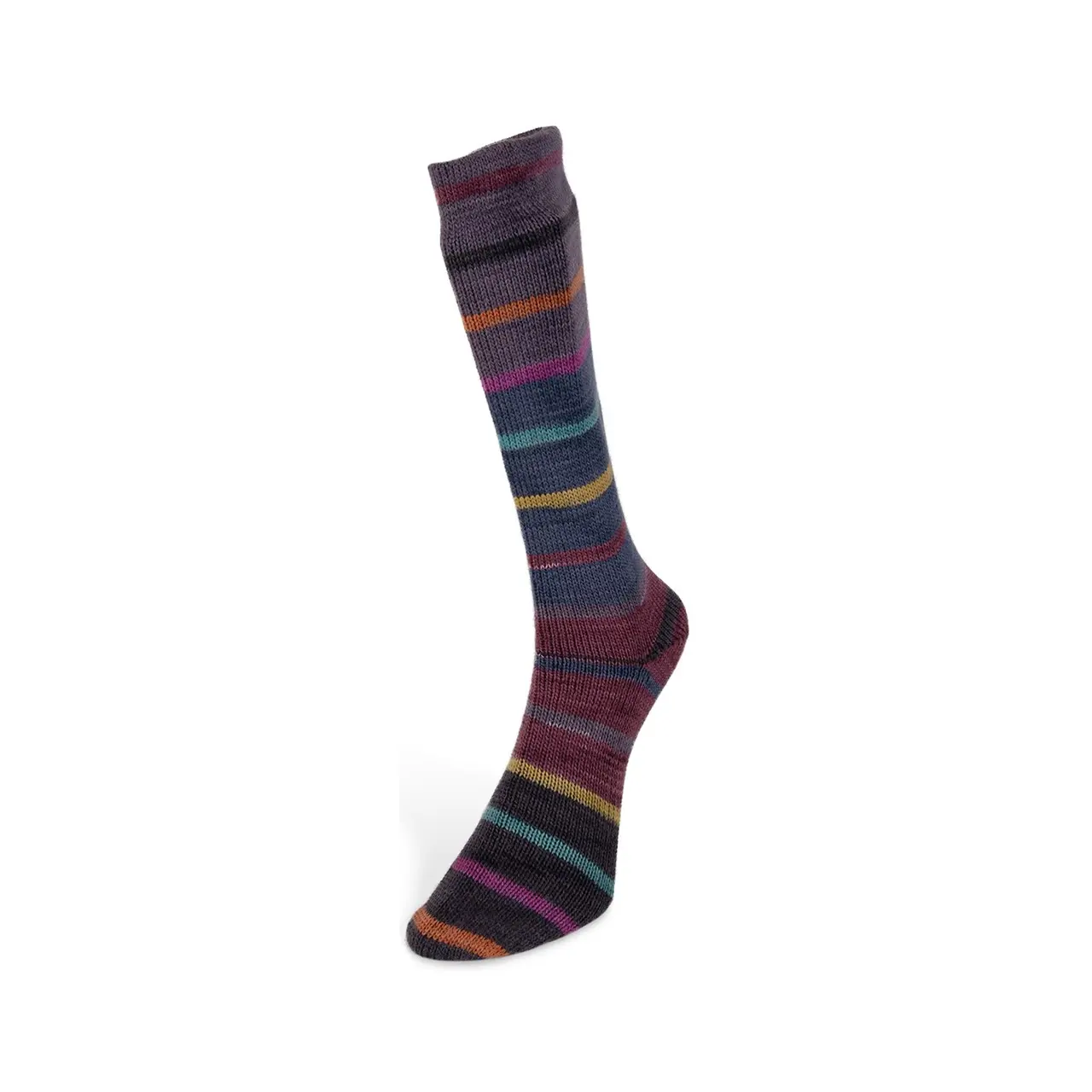 Indulgence Socks 5 Graublau/Anthrazit/Senf/Orange/Pink von Laines Du Nord. Das Garn begeistert mit leuchtenden Farben und lebendigen Streifen die jedem Strickstück einen dynamischen und zugleich eleganten Look verleihen. Durch das anschmiegsame Material sehr gut auch für Stolas Tücher und noch viel mehr geeignet.