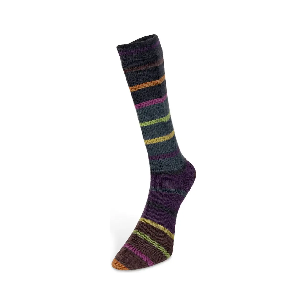 Indulgence Socks 8 Grau/Anthrazit/Beere/Gelb/Orange/Grün von Laines Du Nord. Das Garn begeistert mit leuchtenden Farben und lebendigen Streifen die jedem Strickstück einen dynamischen und zugleich eleganten Look verleihen. Durch das anschmiegsame Material sehr gut auch für Stolas Tücher und noch viel mehr geeignet.