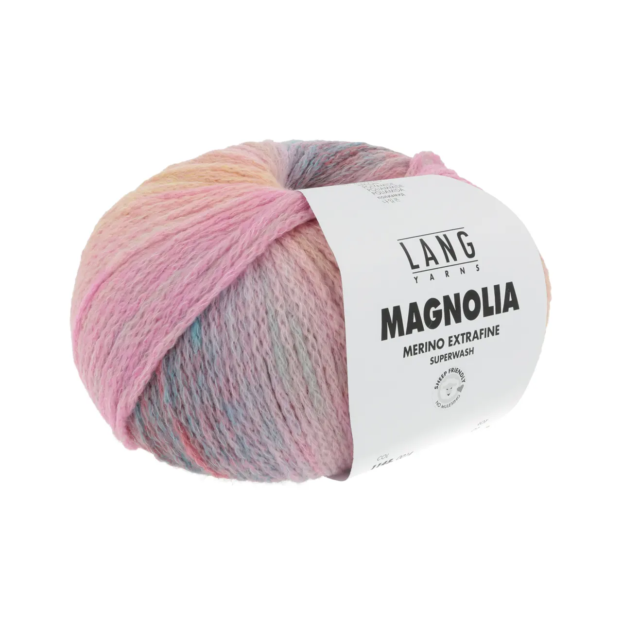 Magnolia 14 Pink/Orange/Blau von Lang Yarns. Tauchen Sie ein in ein Spektrum von Farben und erleben Sie wie auf Ihren Nadeln ein lebendiger Garten erblüht.