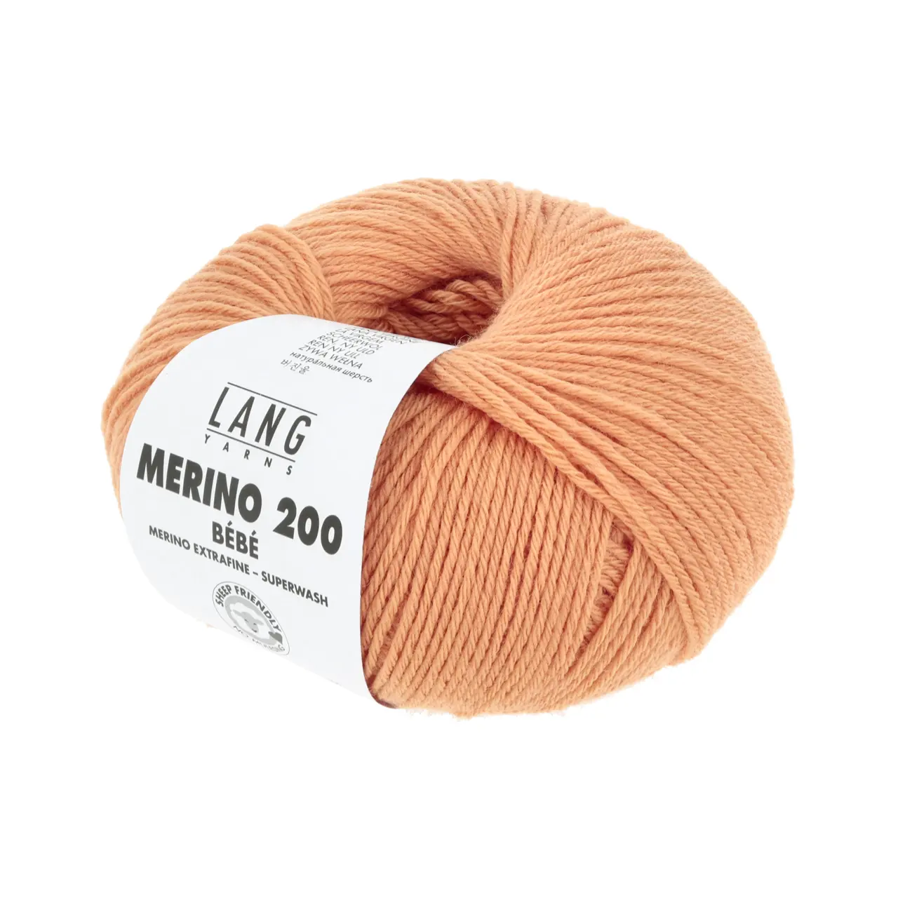 Merino 200 Bebe 459 Tangerine von Lang Yarns. Feine australische Merinowolle für hochwertige Bébé-Strickteile. Einfach verzwirnt ist sie atmungsaktiv warm weich im Griff und maschinenwaschbar - die erste Wahl für Babystrick.