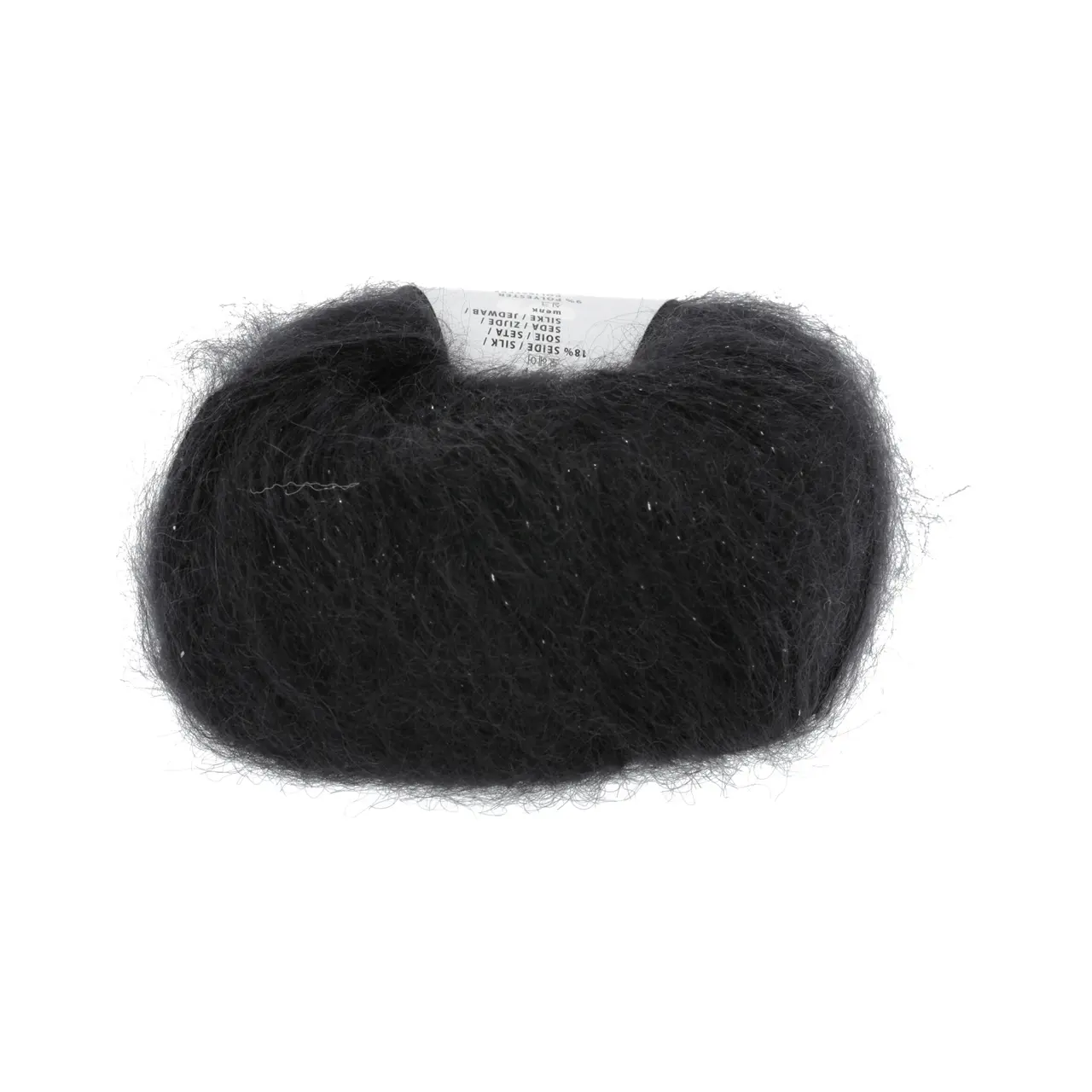 Mohair Luxe Lamé 4 Silber - Schwarz von Lang Yarns. Superkid-Mohair gemischt mit Seide - ein federleichtes Garn für modische Accessoires und mehr.