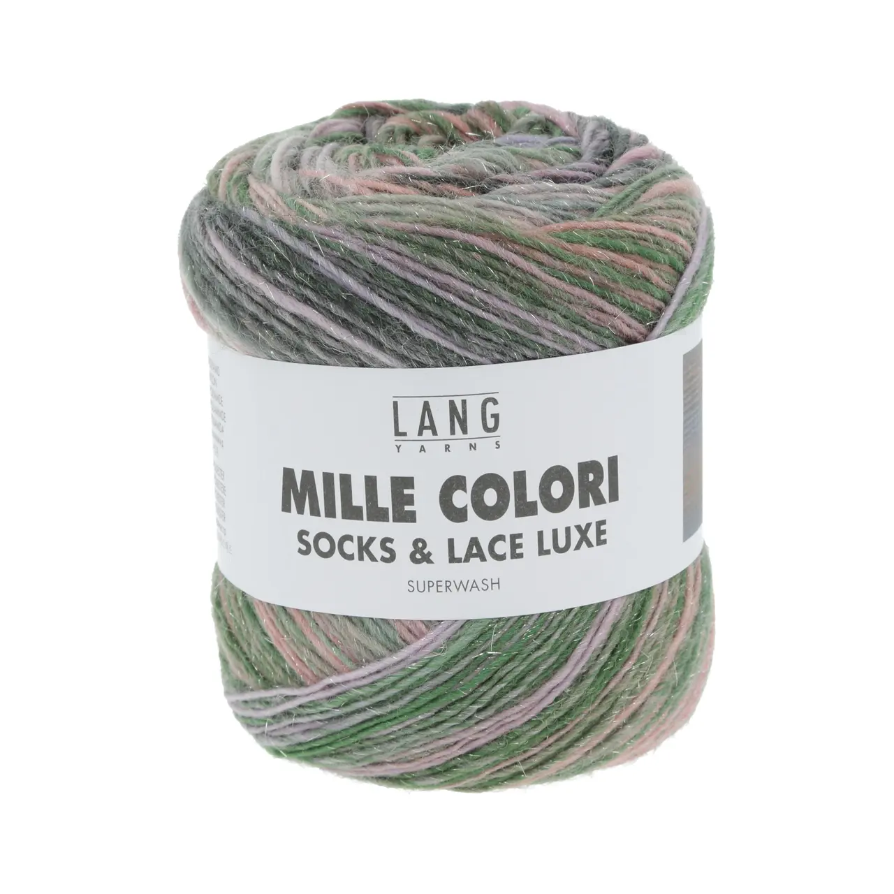 Mille Colori Socks & Lace Luxe 203 Lila/Grün/Lachs von Lang Yarns. Das Garn wird seinem Namen gerecht – Tausend Farben vereinen sich hier welche jeden Knäuel zu einem Unikat machen. Versponnen mit modischen Metallic-Fasern erhält das Garn einen Hauch Glamour. Aufgrund der einzigartigen Farbigkeit ist es hervorragend geeignet für jegliche Accessoires insbesondere zum Häkeln und Stricken von Tüchern. Die Zusammensetzung und die Lauflänge machen Mille Colori Socks & Lace zu einem klassischen Sockengarn.
