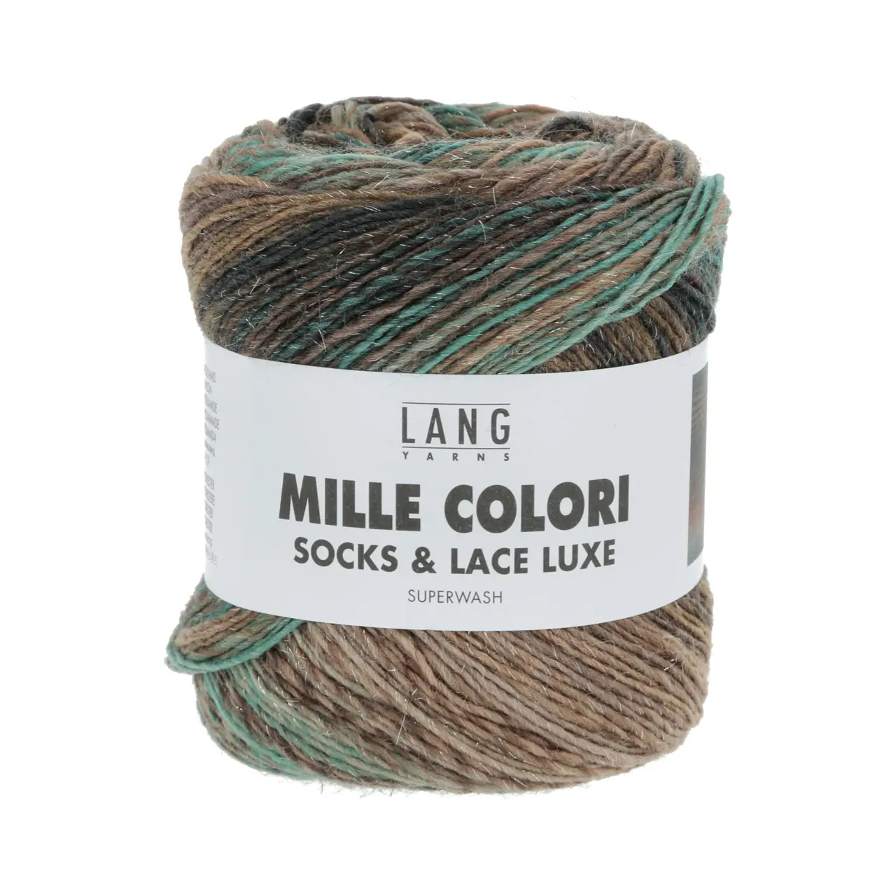 Mille Colori Socks & Lace Luxe 205 Braun/Petrol/Türkis von Lang Yarns. Das Garn wird seinem Namen gerecht – Tausend Farben vereinen sich hier welche jeden Knäuel zu einem Unikat machen. Versponnen mit modischen Metallic-Fasern erhält das Garn einen Hauch Glamour. Aufgrund der einzigartigen Farbigkeit ist es hervorragend geeignet für jegliche Accessoires insbesondere zum Häkeln und Stricken von Tüchern. Die Zusammensetzung und die Lauflänge machen Mille Colori Socks & Lace zu einem klassischen Sockengarn.