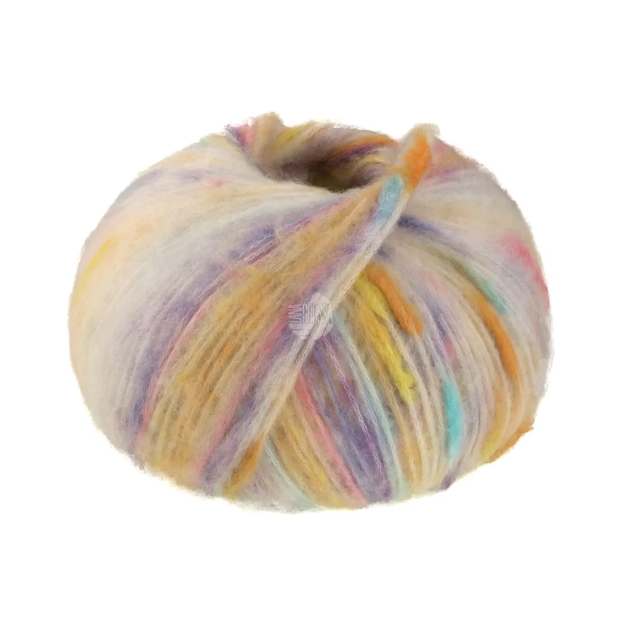 Cassata 8 Rohweiß/Orange/Violett/Hellblau/Gelb von Lana Grossa. Flauschiges Effektgarn mit Merinofasern und bunten Farbspots aus Baumwolle.