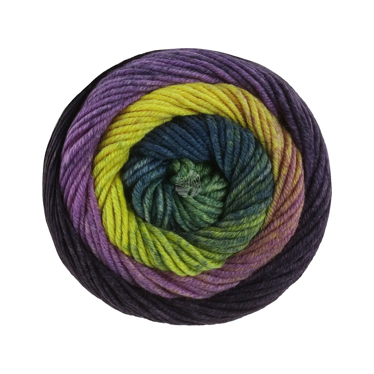Cool Wool Big Color 4043 Grün/Schwarzbraun/Dunkelviolett/Violett/Gelb/Blattgrün/Dunkelpetrol von Lana Grossa. Extrafeine Merinowolle waschmaschinenfest und filzfrei