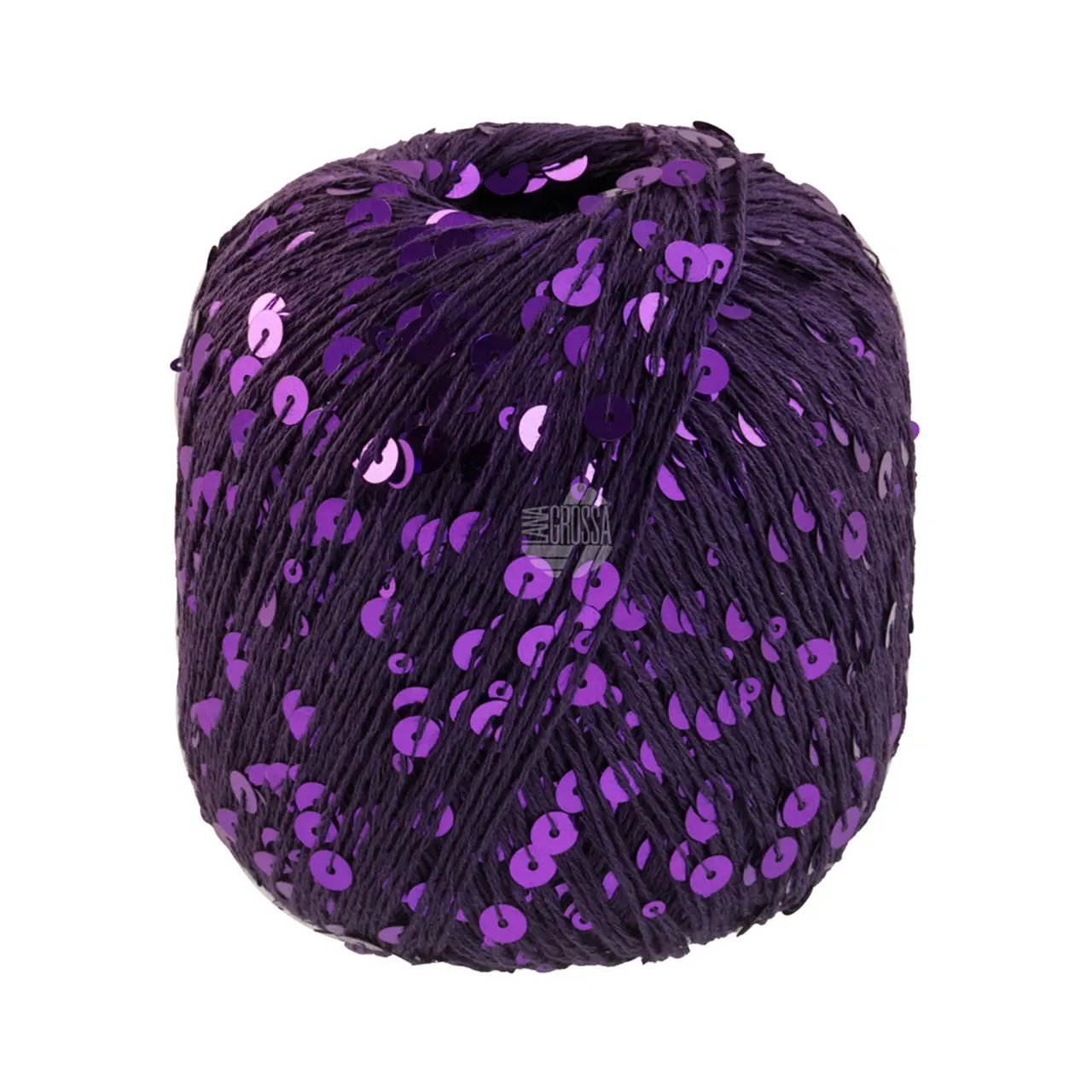 Cosmo 18 Dunkelviolett von Lana Grossa. Beilaufgarn aus Baumwolle mit großen und kleinen Pailletten