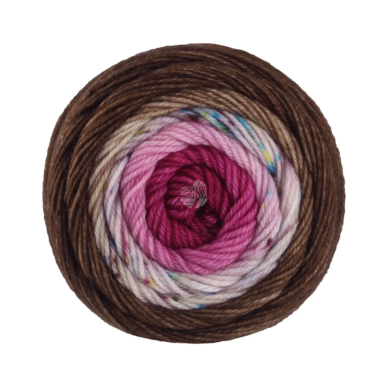 Meilenweit 50 Dip 5306 Wein-/Erikarot/Creme/Rosa/Gelb/Türkis/Dunkel-/Schokobraun von Lana Grossa. Extrafeines Merinogarn im klassischen hand-dyed Verfahren. Die abgebildeten Muster beziehen sich auf