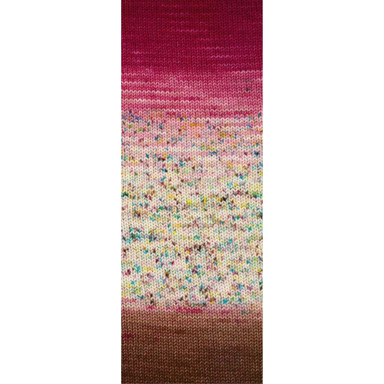 Meilenweit 50 Dip 5306 Wein-/Erikarot/Creme/Rosa/Gelb/Türkis/Dunkel-/Schokobraun von Lana Grossa. Extrafeines Merinogarn im klassischen hand-dyed Verfahren. Die abgebildeten Muster beziehen sich auf
