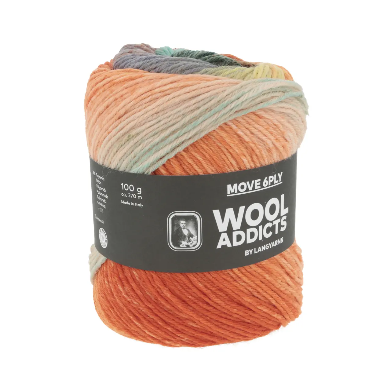 Move 6-Fach 9 Turquoise/Orange/Yellow von Lang Yarns. MOVE is not just a sock yarn it's a vibrant celebration of hues that invites you to break free from the subdued palette of neutrals. With MOVE your knitting and crocheting projects are transformed into a kaleidoscope of colors infusing energy and excitement into every stitch. A colorful sturdy but soft 6-ply yarn for way more than just socks.