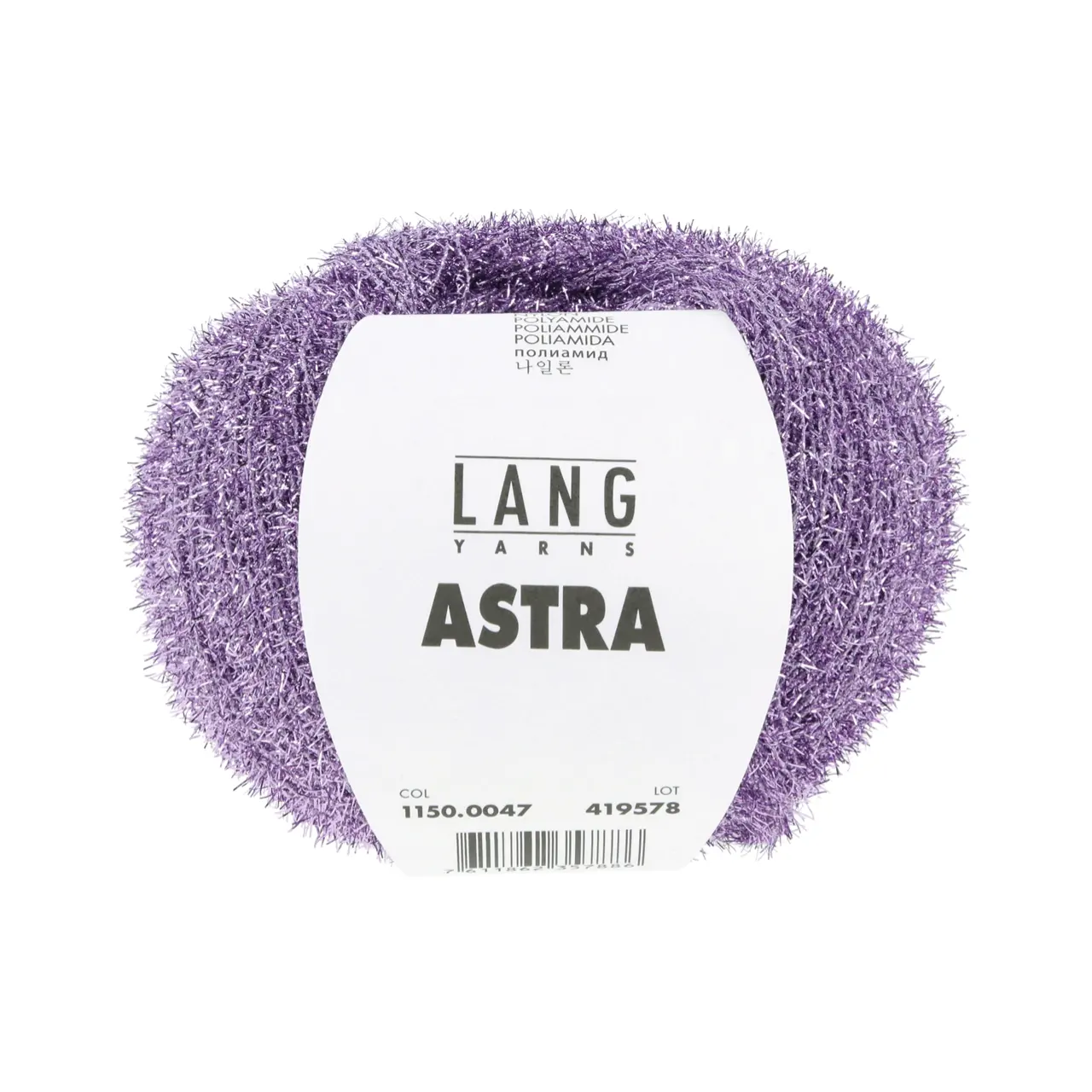 Astra 47 Lavendel von Lang Yarns. Wie eine Sternschnuppe verleiht dieses Garn Ihren Projekten einen dezenten Hauch von Silber oder Gold. Es zeichnet sich als Beilaufgarn aus welches jedes Basic Projekt veredelt.