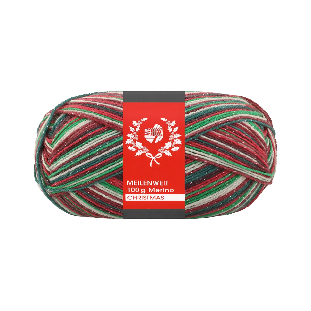 Meilenweit 100 Merino Christmas Lurex 6803 Rot/Hellgrün/Weiß/Dunkelrot/- Grün von Lana Grossa. Hochwertiges Sockengarn aus Merino-Wolle waschmaschinenfest