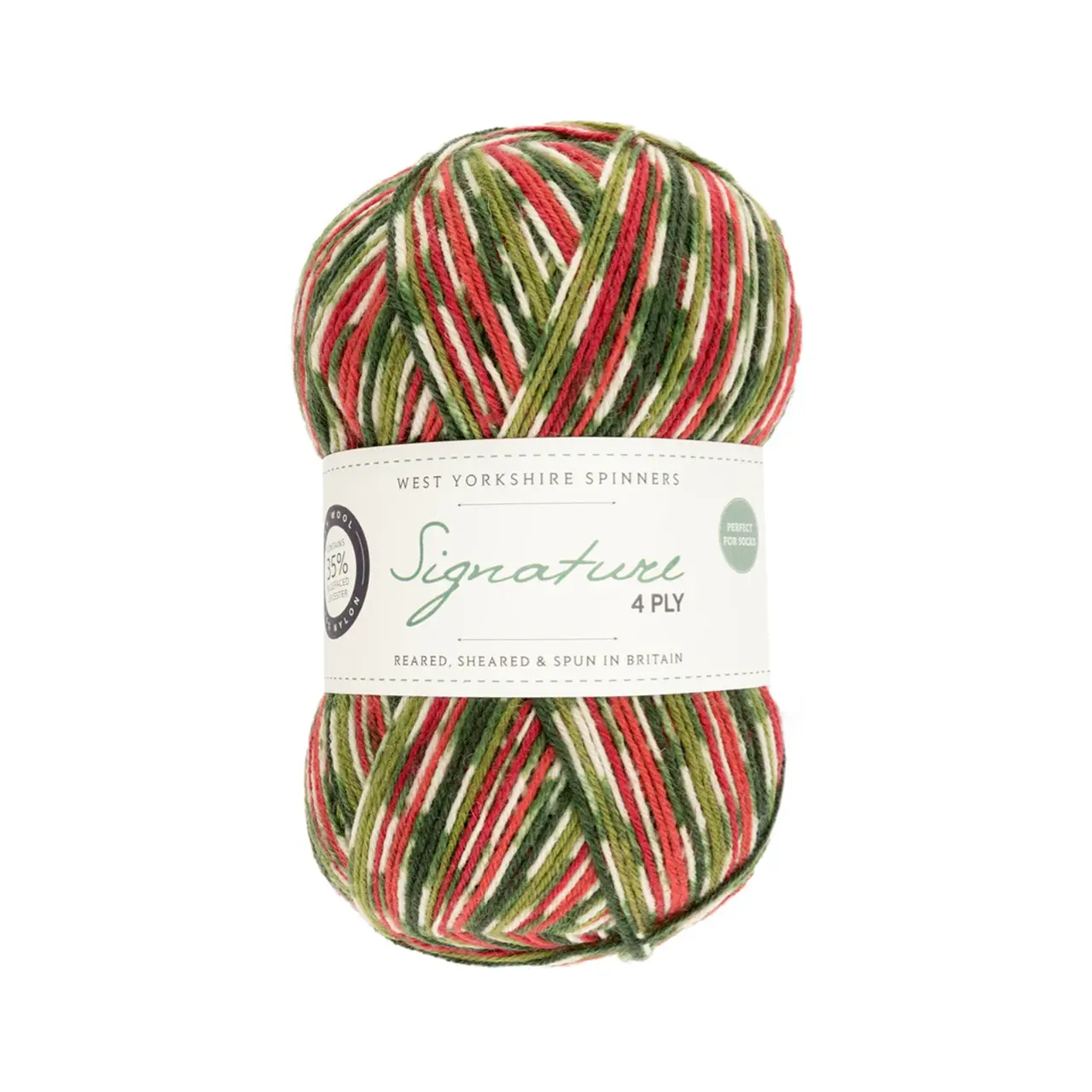 Signature 4-Fach Christmas 886 Holly Berry von West Yorkshire Spinners. Sehr weiches und strapazierfähiges Garn aus hochwertigen Materialien mit außergewöhnlicher Vielseitigkeit ideal für Socken Schals und Tücher mit schönem Fall. Erhältlich in vielen kräftigen bis natürlichen Unifarben aber auch als selbststreifende „Colormix“ Variante. Mehrfach als „Bestes Sockengarn“ ausgezeichnet.