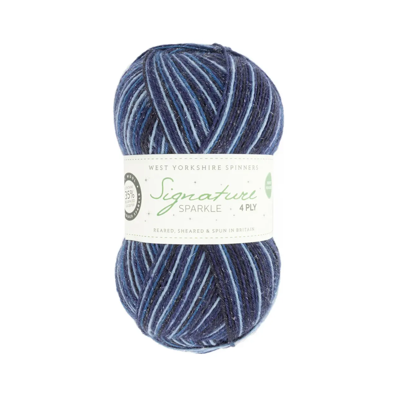 Signature 4-Fach Sparkle 906 Silent Night von West Yorkshire Spinners. Sehr weiches und strapazierfähiges Garn aus hochwertigen Materialien mit außergewöhnlicher Vielseitigkeit ideal für Socken Schals und Tücher mit schönem Fall. Erhältlich als selbststreifende Variante „Colormix“ inspiriert unter anderem von leuchtenden Cocktailfarben aber auch in vielen kräftigen bis natürlichen Unifarben. Mehrfach als „Bestes Sockengarn“ ausgezeichnet.