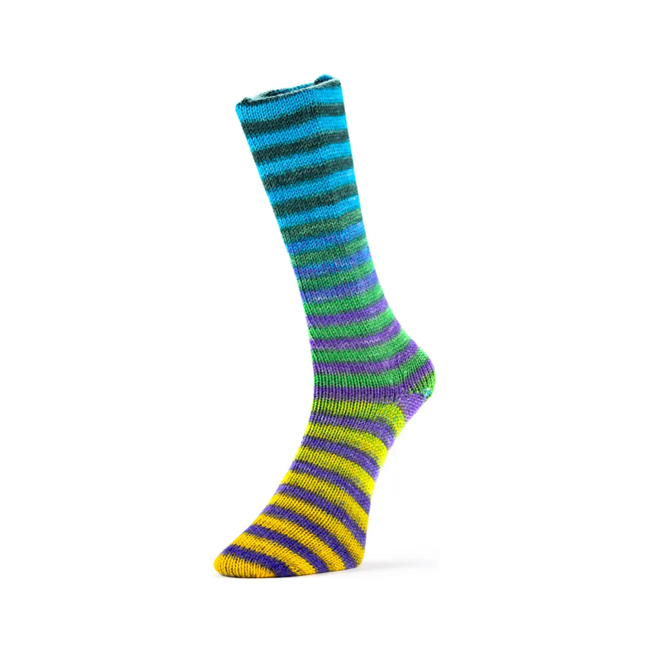 Paint Socks 6-Fach 8 Blau/Grün/Violett/Gelb von Laines Du Nord. Dicke warme und farbenfrohe Sockenwolle 6-fach - perfekt für gemütliche robuste Stricksocken und individuelle Accessoires. Die hochwertigen Fasern bestehen aus mulesingfreier chlorfrei behandelter Schurwolle und bieten ein angenehmes Tragegefühl.