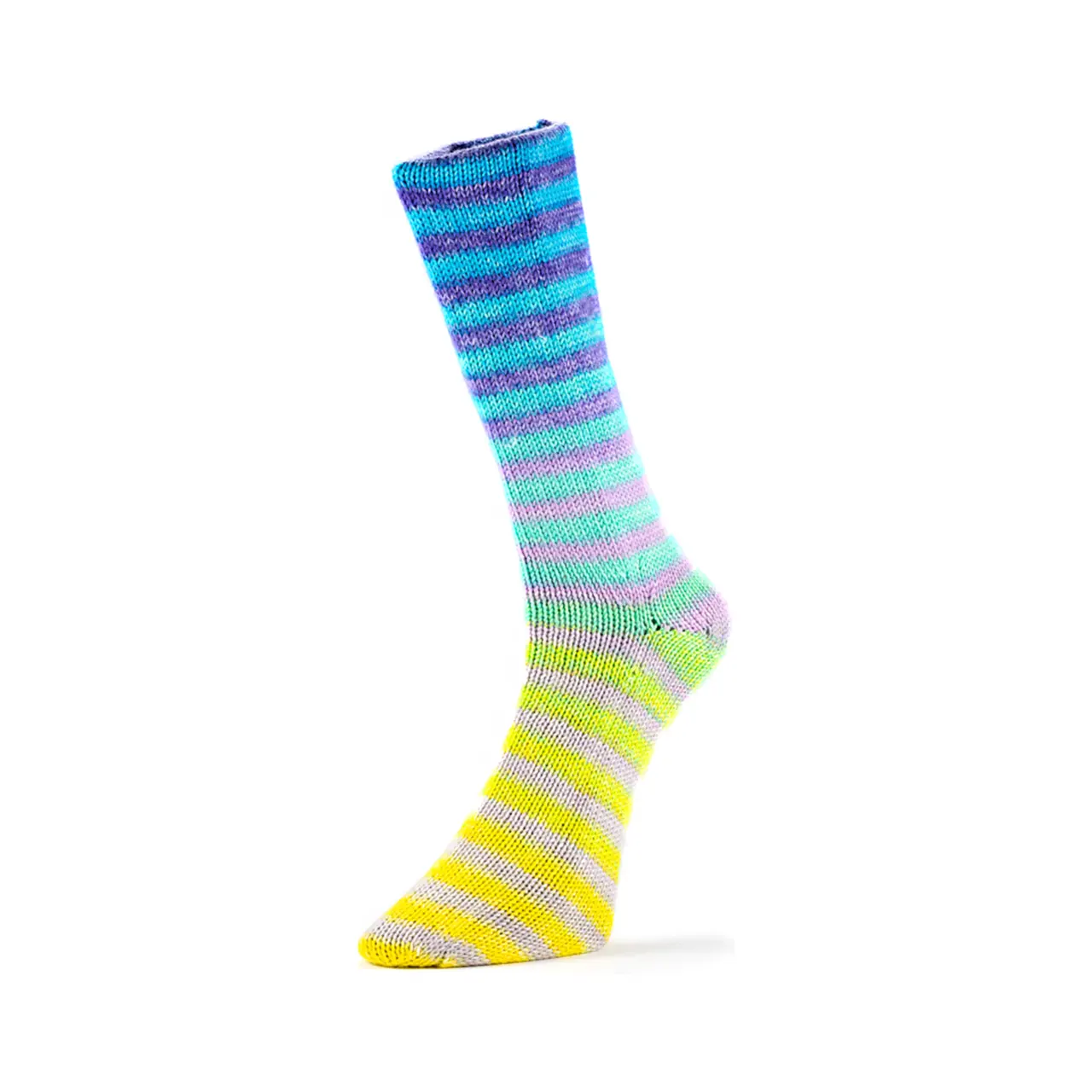 Paint Socks 6-Fach 10 Türkis/Violett/Grün/Lila/Gelb von Laines Du Nord. Dicke warme und farbenfrohe Sockenwolle 6-fach - perfekt für gemütliche robuste Stricksocken und individuelle Accessoires. Die hochwertigen Fasern bestehen aus mulesingfreier chlorfrei behandelter Schurwolle und bieten ein angenehmes Tragegefühl.