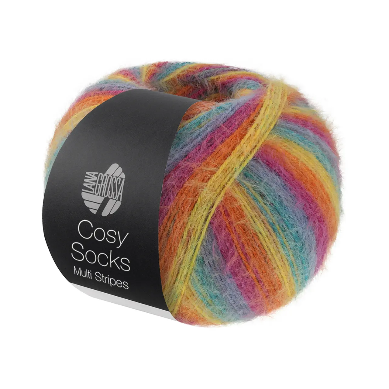 Cosy Socks Multi Stripes 151 Petrol/Rauchblau/Fuchsia/Orange/Gelb von Lana Grossa. Flauschiges Sockengarn mit Merinowolle mit besonderem Druckeffekt waschmaschinenfest