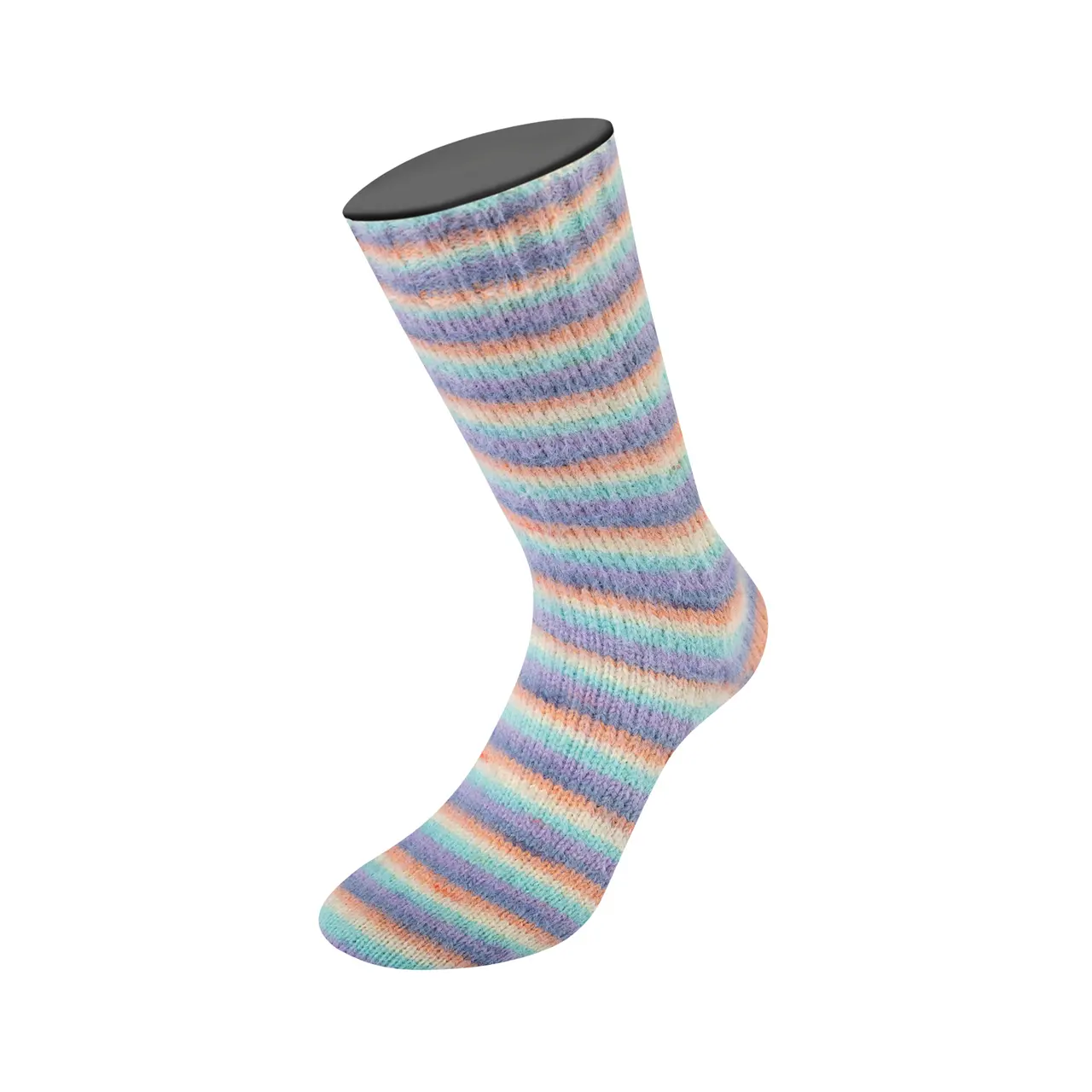 Cosy Socks Multi Stripes 153 Lavendel/Graublau/Lachs/Creme/Türkis von Lana Grossa. Flauschiges Sockengarn mit Merinowolle mit besonderem Druckeffekt waschmaschinenfest