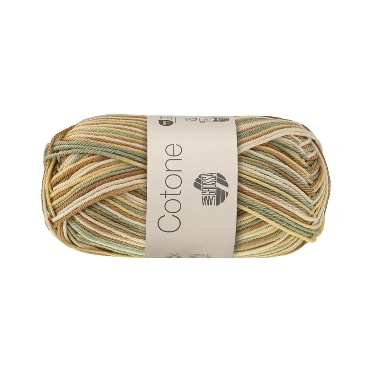 Cotone Print 371 Creme/Vanille/Hellbeige/Camel/Salbeigrün von Lana Grossa. Baumwollbasicgarn