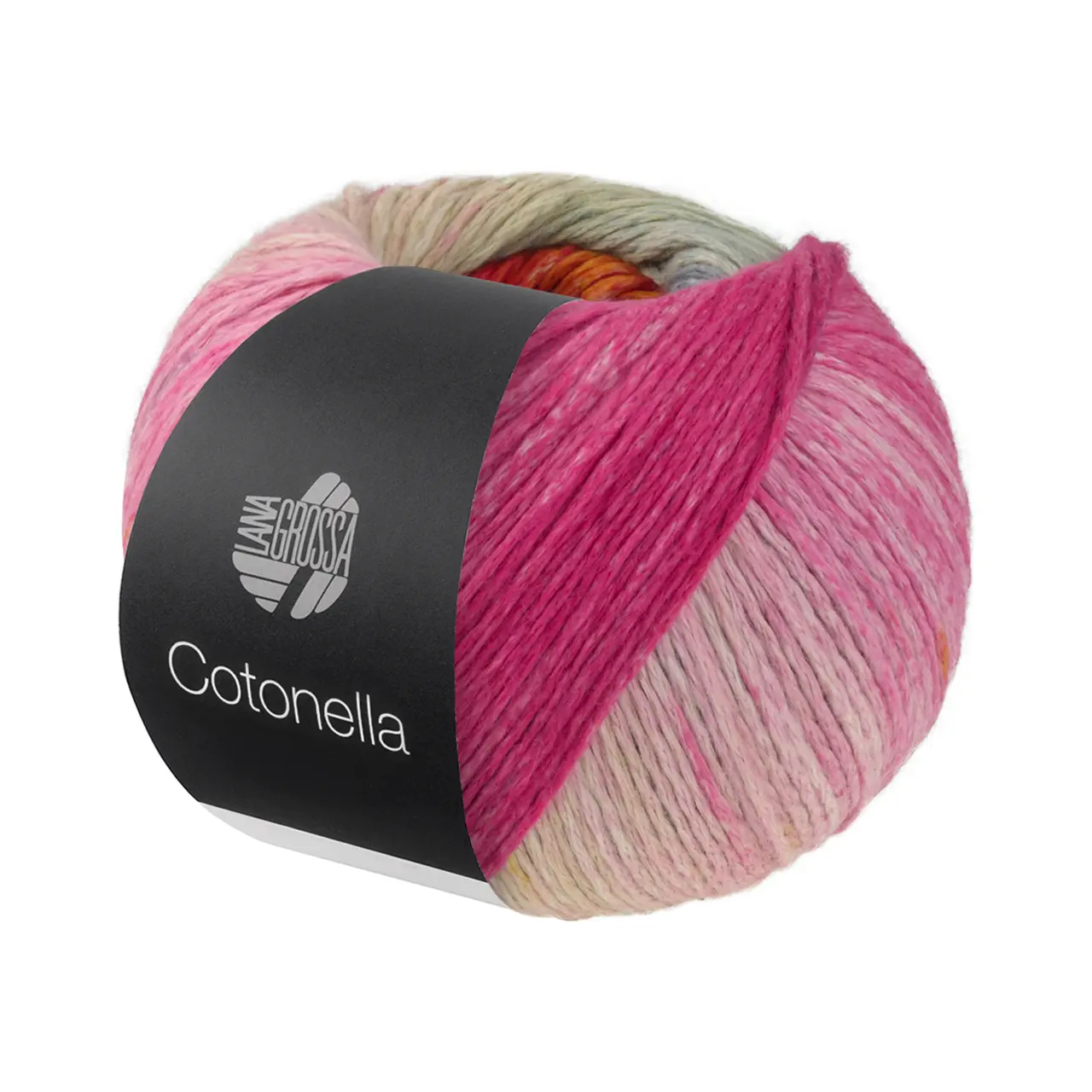Cotonella 19 Camel/Pink/Fuchsia/Rotviolett/Grau/Flieder/Gelborange/Rot/Gelb von Lana Grossa. Weiches bedrucktes Kettengarn aus unmercerisierter Pima Baumwolle