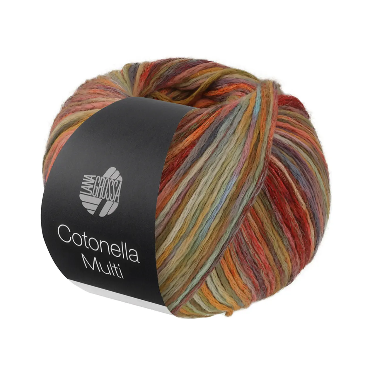 Cotonella Multi 109 Rot/Mint/Orange/Hellblau/Gelb Bunt von Lana Grossa. Weiches bedrucktes Kettengarn aus unmercerisierter Pima Baumwolle mit kleinen Glanzlichtern