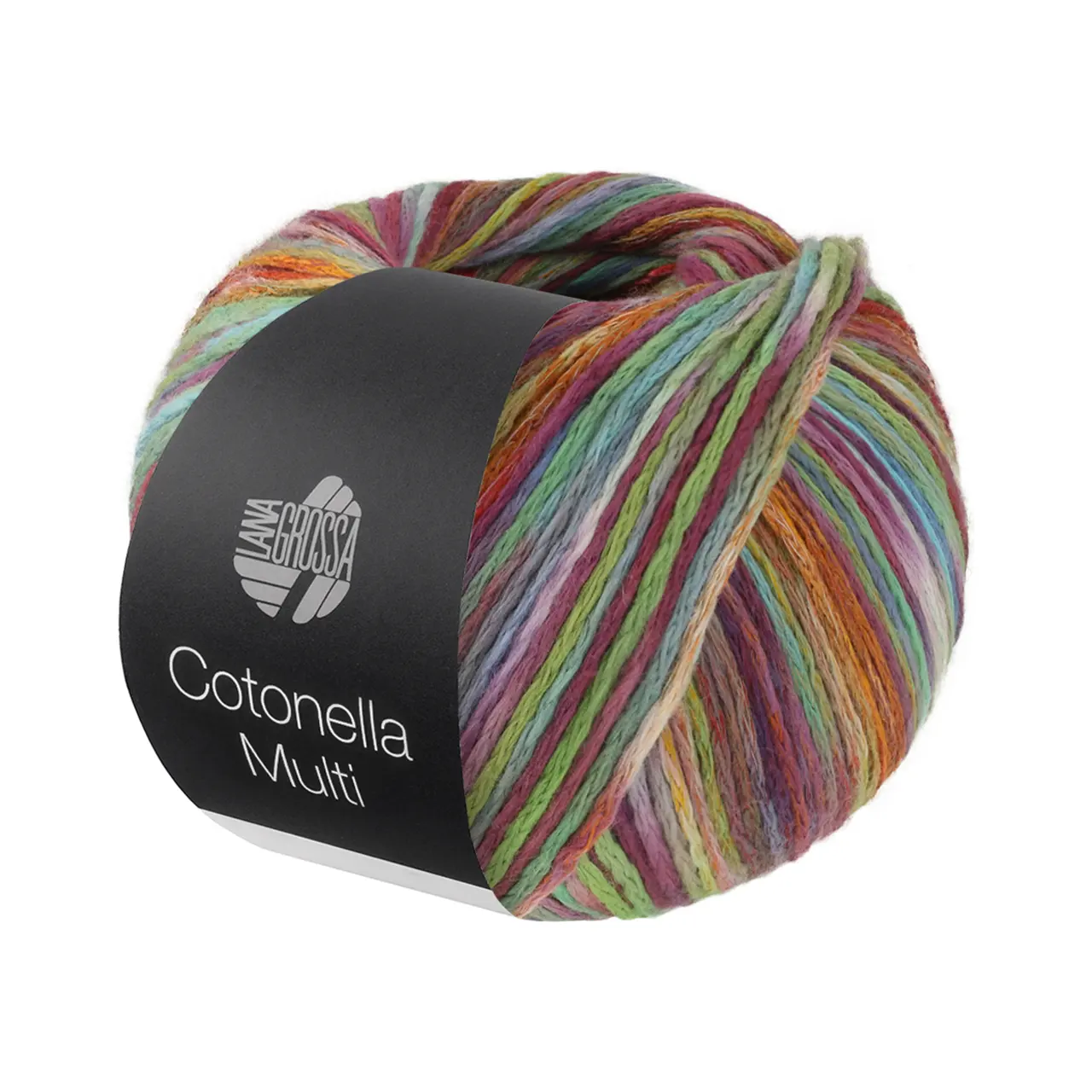 Cotonella Multi 112 Aubergine/Türkis/Gelb/Frühlingsgrün/Rot Bunt von Lana Grossa. Weiches bedrucktes Kettengarn aus unmercerisierter Pima Baumwolle mit kleinen Glanzlichtern