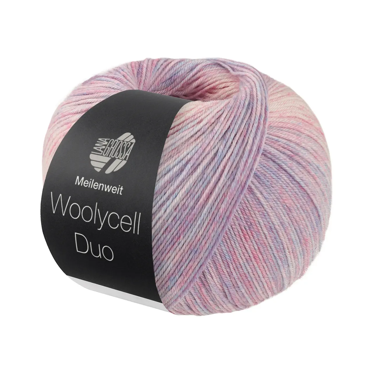 Meilenweit 100 Woolycell Duo 6003 Blaulila//Rosa/Creme von Lana Grossa. Hochwertiges Sockengarn ohne Polyamidanteil aus Merinowolle & Lyocell im Farbverlauf bedruckt wasc