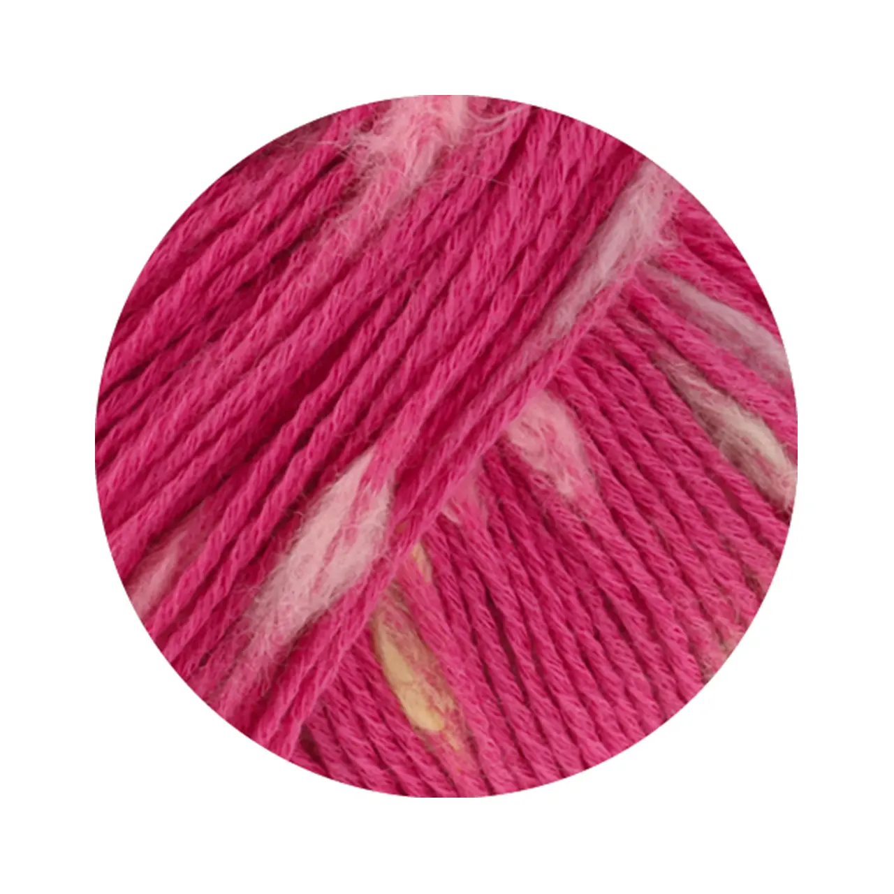 Popcorn 3 Pink/Rosa/Grège/Gelb von Lana Grossa. Effektnetzgarn gefüllt mit bunten flauschigen Farbspots aus 100% Baumwolle