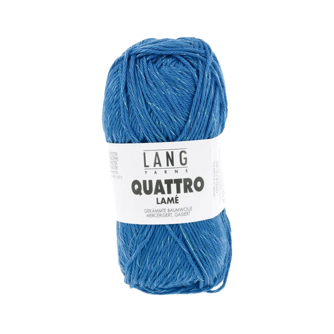 Quattro Lamé 10 Lapislazuli von Lang Yarns. Dieses Garn eignet sich perfekt für die Herstellung von Sommeraccessoires aber auch für Kinderkleidung da es sehr leicht zu waschen ist. Es ist ein mercerisiertes Garn das ihm einen schönen Glanz verleiht. Es ist ein strapazierfähiges Garn mit einer großen Farbpalette und vielen Metern pro Knäuel so dass Sie mit Vergnügen häkeln oder stricken können. Der wunderschöne Glitzerfaden sorgt für die schillerndsten Kreationen.